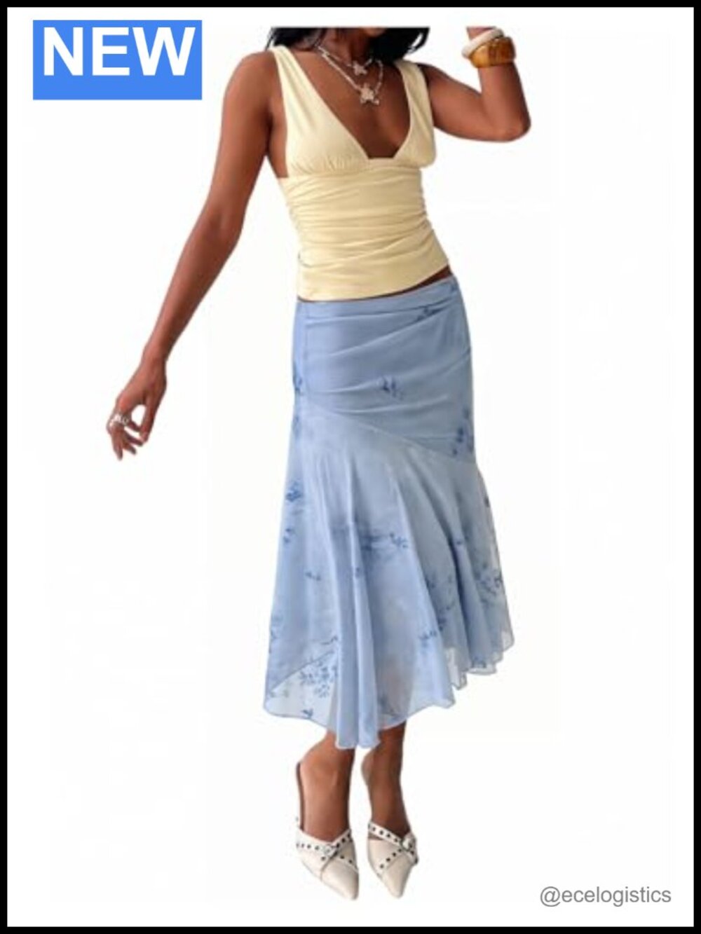 Floerns Floral Mesh High Waist Asymmetric Ruffle Midi Bodycon Skirt